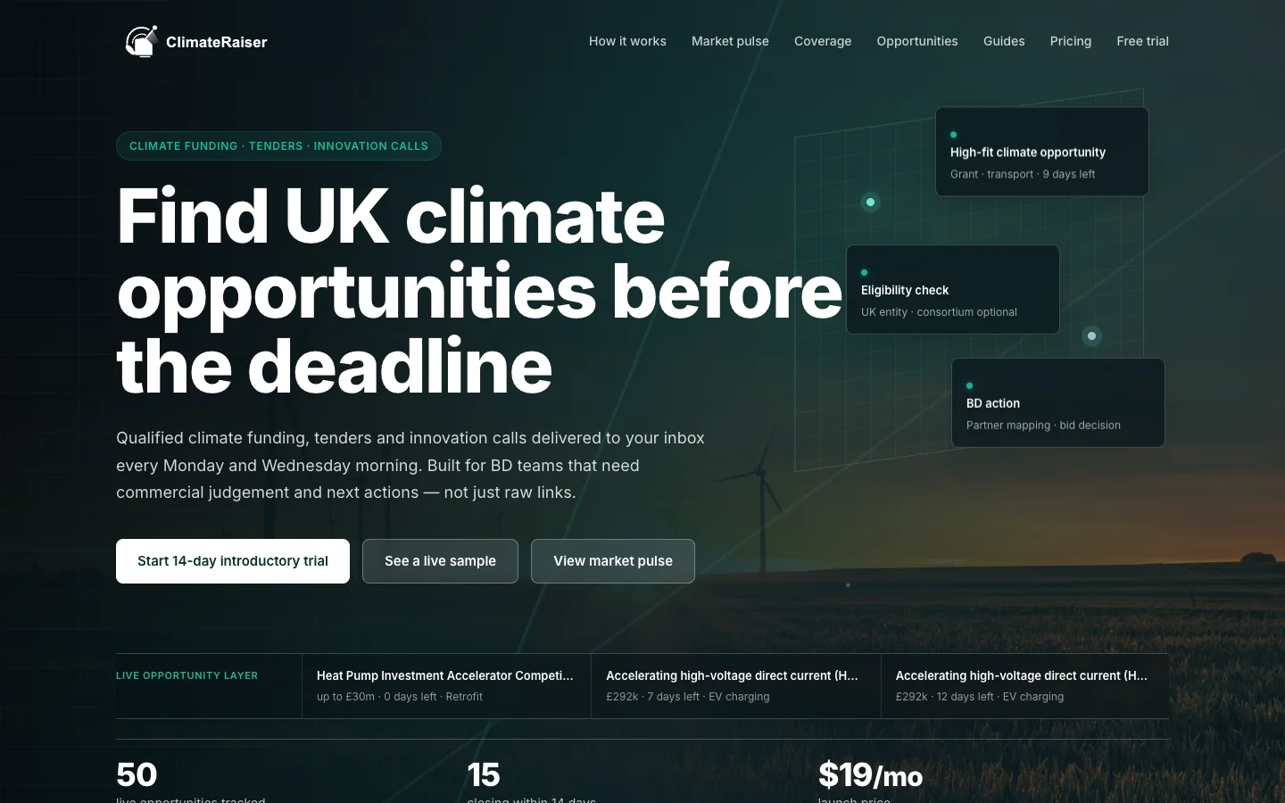ClimateRaiser public product page showing UK climate funding, tenders and innovation opportunities