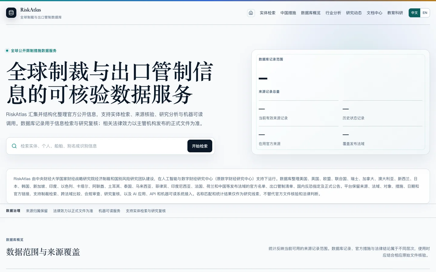 RiskAtlas 公开产品页面,展示全球限制措施信息检索、来源覆盖与核验入口